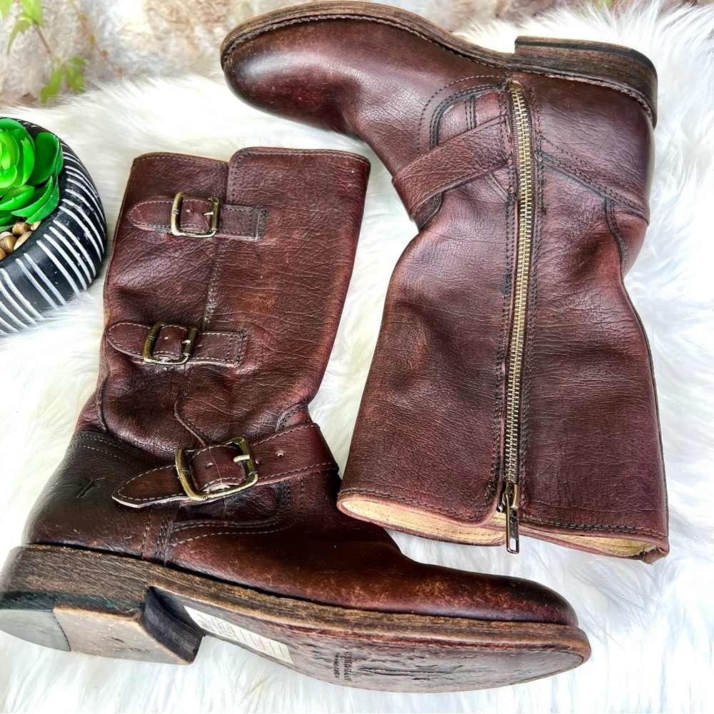 FRYE Brown Jaden Cuff Classic Heritage Buckle Leather Moto Boots, 6.5B - Picture 13 of 14